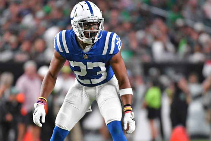 Aug 24, 2023; Philadelphia, Pennsylvania, USA; Indianapolis Colts cornerback Kenny Moore II (23) against the Philadelphia Eagles at Lincoln Financial Field.